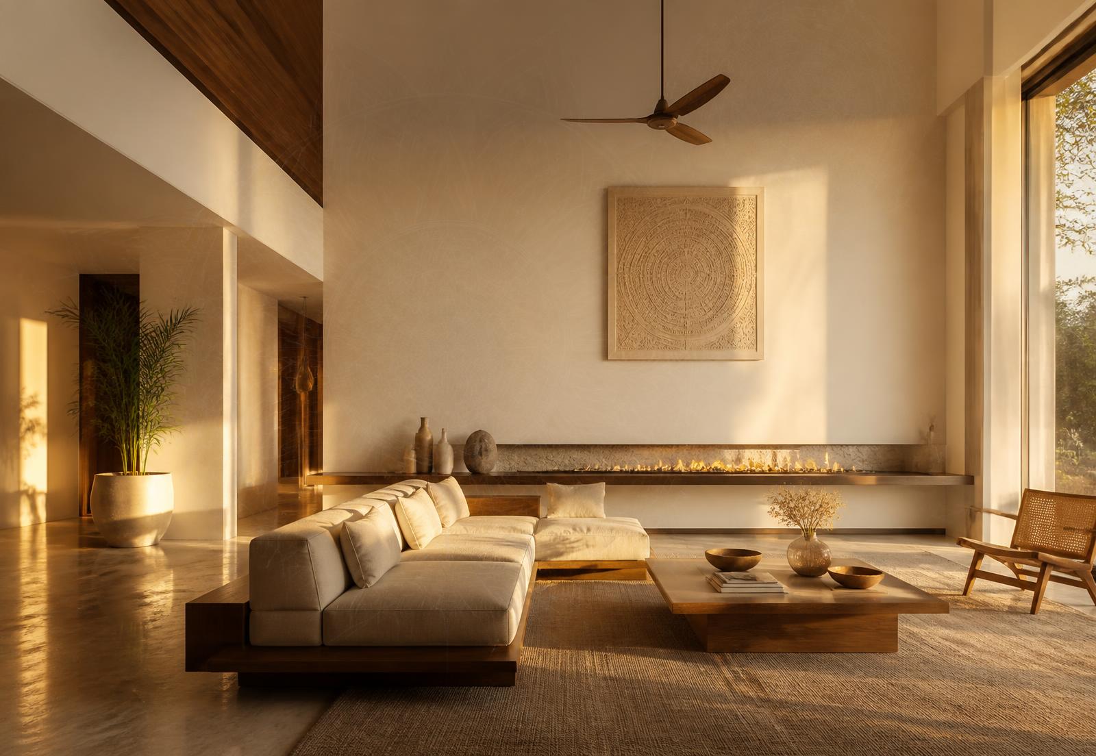 Calm luxury Indian home interior in warm natural light